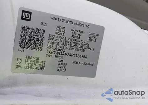 2024 Chevrolet Express Cargo Rwd 2500 Regular Wheelbase Wt z USA, uszkodzony, nr VIN 1GCWGAF74R1184768